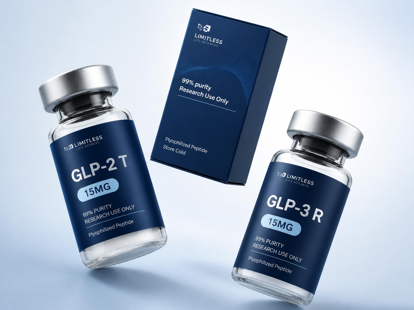 Nth Peptide research vials with cyan accent labels on dark surface